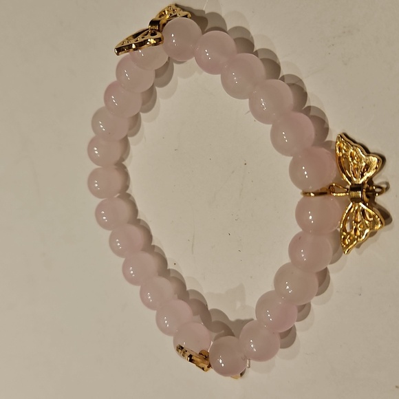 3 Pale Pink Glass, Crystal & Butterfly Accents Stretch Beaded Bracelet Set - Picture 5 of 7